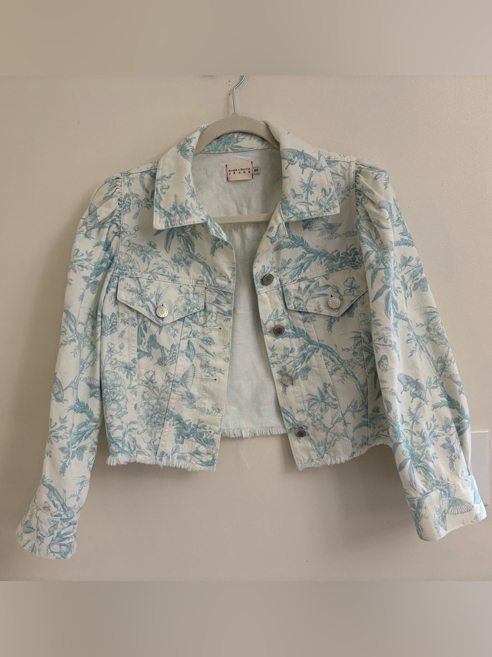 Alice + Olivia Lana Toile Puff Sleeve Cropped Denim Jacket S Cottagecore Bttrfly - Picture 6 of 12